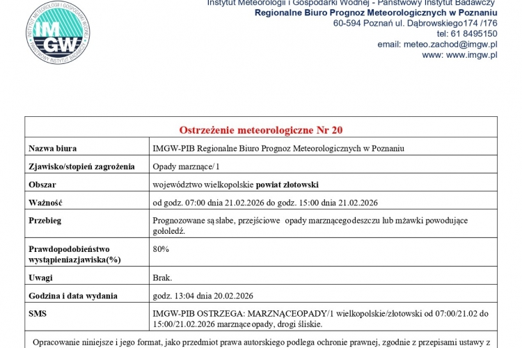 Miniatura Ostrzeżenie meteorologiczne Nr 20 - opady marznące/1