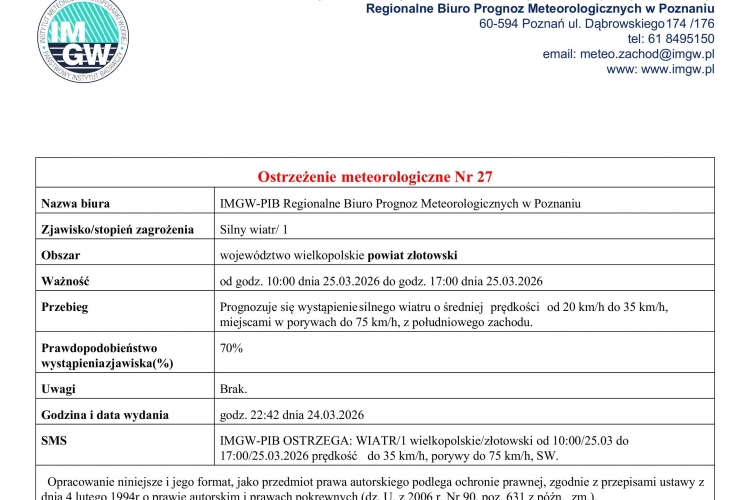 Miniatura Ostrzeżenie meteorologiczne Nr 27 - silny wiatr/1