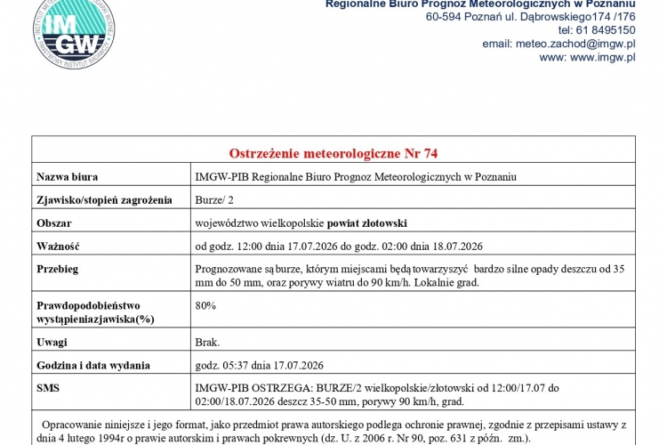 Miniatura Ostrzeżenie meteorologiczne Nr 74- Burze/2